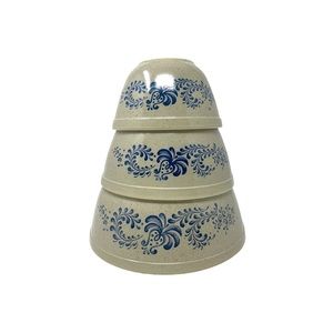 Vintage PYREX Homestead Blue Three Piece Mixing Bowl Set 70s Beige Tan Speckled